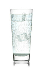 Refreshing soda water with ice cubes in glass on mirror surface isolated on white