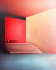 Obraz premium Minimalist red and beige room with steps, product display, and soft lighting; ideal for presentations or mockups