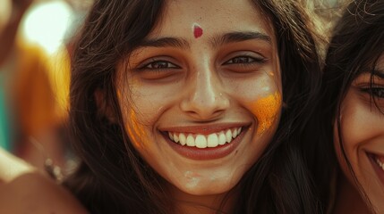 Close-up of smiling faces smeared with vibrant colors, showcasing the spirit of the festival.