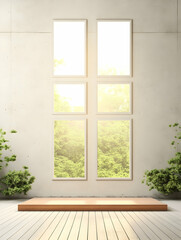 Fototapeta premium Minimalist room interior design with large window showcasing sunlit trees, wooden platform, and potted plants; ideal for product display or home decor websites