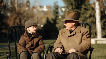 Fototapeta premium An elderly man and a young boy sit together in a serene spring garden, exchanging warm glances under soft sunlight.