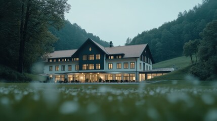 Obraz premium A scenic fairy tale castle set against a backdrop of lush hills and a soft dusk sky, featuring a serene and cinematic ambiance.