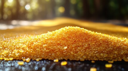 Golden grains outdoors, sunlit pile, forest background, food packaging