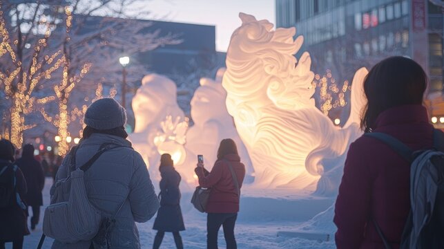 Crowd enjoying an evening light display on snow sculptures in Sapporo.
