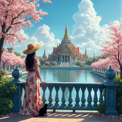 Fototapeta premium a serene scene with a woman in a floral dress and a straw hat standing at a railing, overlooking a temple-like structure across a pond. The temple is surrounded by blooming pink tree