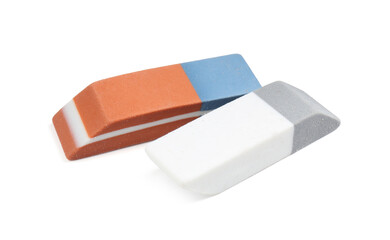Two new erasers isolated on white. School stationery
