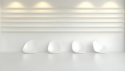 Minimalist white chairs in a modern waiting room with recessed lighting and textured walls; ideal for design or medical waiting room imagery