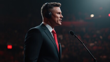 A motivational speaker with a headset delivers a speech on stage. The scene is dramatic, with the focus on his confident expression.