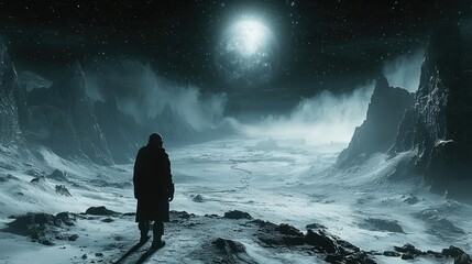 Lone Figure Contemplates Alien Landscape Under a Distant Moon