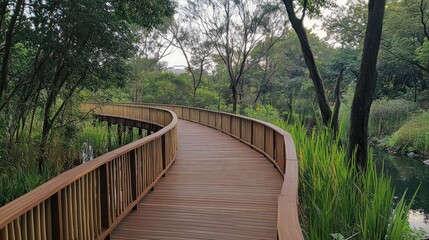 Wooden walkway in a lush green forest