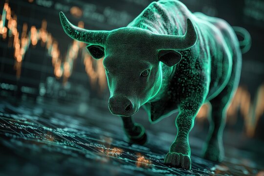 Green holographic charging bull with digital stock market background