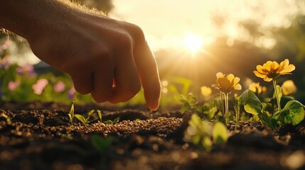 Fototapeta premium Person planting seeds in a garden bed, symbolizing the start of spring.