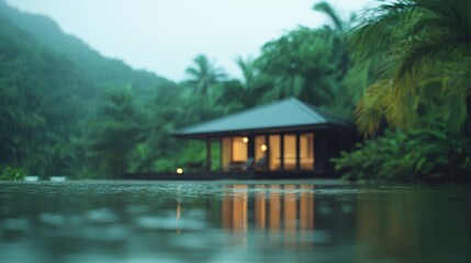 Obraz premium A serene tropical scene with a cozy cabin surrounded by lush forest, viewed through raindrops on water. The atmosphere is tranquil and calming.