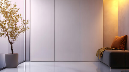 Modern apartment hallway with seating, plant, and large window, showcasing minimalist interior design for real estate or home decor