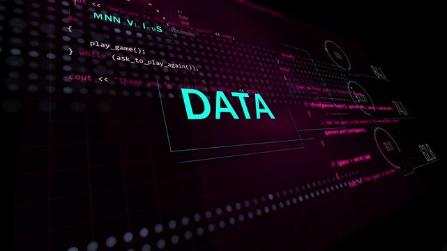 data, innovations, cyberspace and security words in 3d high tech animation. Digital futuristic background with titles for technology theme. Green screen intro