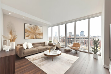 Fototapeta premium Modern apartment living room with city view, showcasing comfortable furniture and stylish decor, ideal for real estate listings