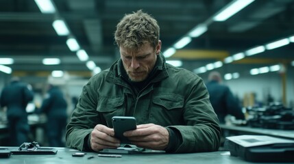 A technician is focused on repairing a smartphone in a workshop setting. The environment is industrial, with a cinematic quality to the lighting.