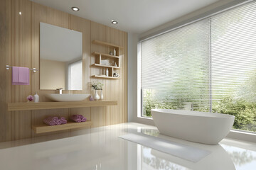 Fototapeta premium Modern bathroom design with freestanding bathtub, wood paneling, and large window overlooking garden. Ideal for interior design websites or magazines