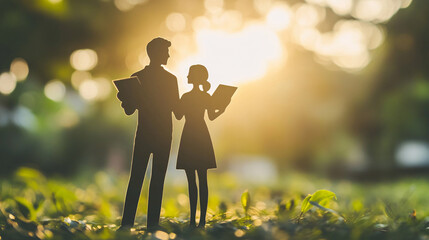 silhouettes of a man and woman reading books outdoors with warm sunset lighting and soft focus on greenery in the foreground
