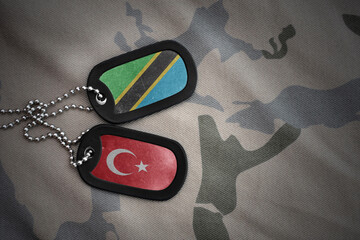 vintage army blank, dog tag with flag of tanzania and turkey on the khaki texture background....
