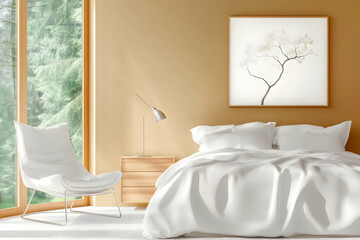Modern bedroom design with large window overlooking forest, featuring white bedding and minimalist decor, ideal for interior design websites and magazines