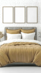 Modern bedroom interior design, three blank frames above bed, minimalist style, white brick wall background, ideal for mockups