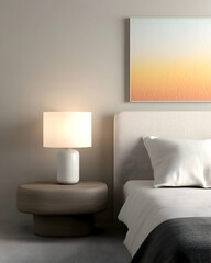 Modern bedroom interior with bedside lamp, artwork, and minimalist design, ideal for home decor websites