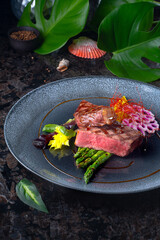 Grilled Steak with Asparagus and Artistic Garnish