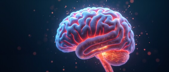 A vibrant digital depiction of a glowing human brain with illuminated neural pathways symbolizing intelligence, technology, and neuroscience work, set against a dark black contrasting background