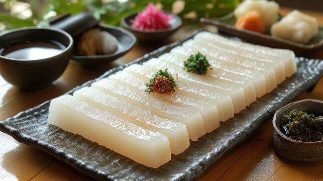 Japanese konjac sashimi platter, restaurant setting, garnishes, side dishes