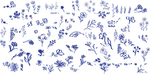 Contemporary abstract minimal tattoo flower collection. Vector illustration. Ink hand drawn wild flowers set.