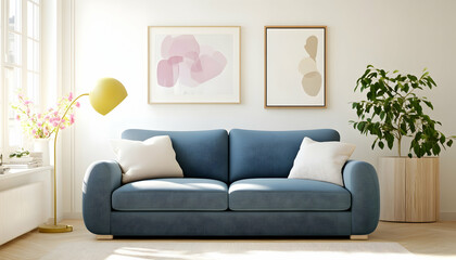 Modern blue sofa in bright living room, sunlight streaming in, plants and art on the walls, ideal for home decor or interior design websites