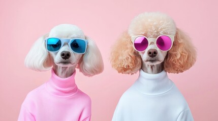 Fototapeta premium Two poodles, each wearing sunglasses, pose against a pink background. They sport vibrant coats, creating a cheerful and stylish scene.