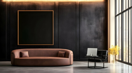 Modern brown sofa in dark luxury apartment interior with large window, mockup canvas, and laptop.  Ideal for interior design websites