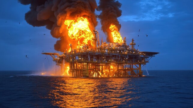 Dramatic Offshore Oil Rig Explosion at Sea Captured in Fiery Evening Blaze Highlighting Oil Industry Disasters, Safety Concerns, and Environmental Impact