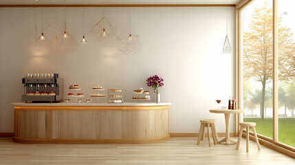 Modern cafe interior design, pastries display, autumnal window view, relaxing atmosphere, ideal for restaurant websites