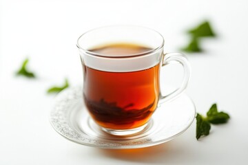 Glass Cup of Brown Tea with Mint Leaves