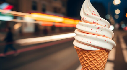 A swirled vanilla soft serve ice cream with red sprinkles in a waffle cone at night in a city with blurred lights