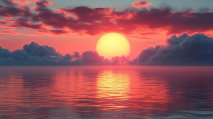 Ocean sunset, fiery clouds, calm sea, tranquil scene, travel