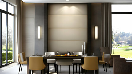 Modern dining room with large windows overlooking a golf course, ideal for luxury real estate brochures