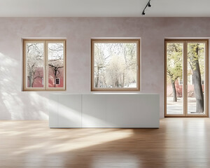 Fototapeta premium Modern empty room with large windows showcasing autumnal park view; ideal for interior design or real estate