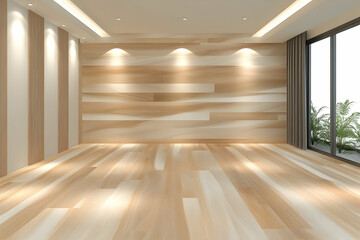 Obraz premium Modern empty room with wooden walls and floors, large window showing garden view, ideal for interior design presentations