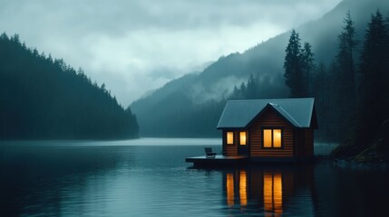 Fototapeta premium A cozy, modern small wooden house in Scandinavian style sits by a tranquil lake, surrounded by misty forests and mountains, with a warm glow emanating from its windows.
