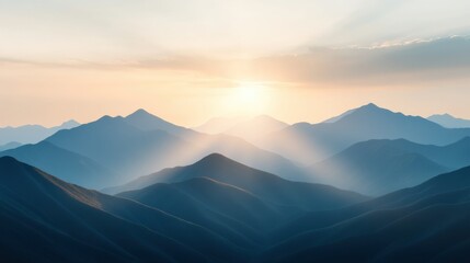 Obraz premium A breathtaking sunset casts warm hues over a series of majestic mountains, with sunrays breaking through the clouds, creating a serene and peaceful atmosphere.