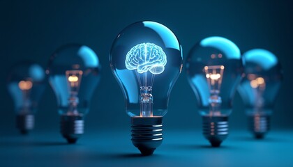 A symbolic representation of great ideas and creativity, featuring a glowing brain inside a lightbulb placed against a dark background.

