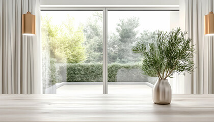 Modern home interior, wooden table, vase with plant, large window showing garden view, ideal for product display or home decor websites