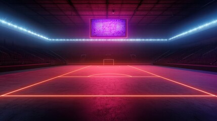 A vibrant, illuminated soccer field with neon lights and a digital scoreboard, set in a darkened stadium atmosphere.