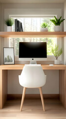 Modern home office with window, plants, and computer.  Ideal for productivity, work-from-home, or interior design blogs