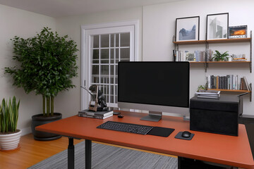 Fototapeta premium Modern home office workspace with computer, desk, and shelves; books, plants, and printer visible; calm background ideal for productivity