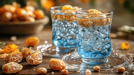 Naklejka premium Refreshing Date Drink, Table Setting, Blurred Background, Ramadan